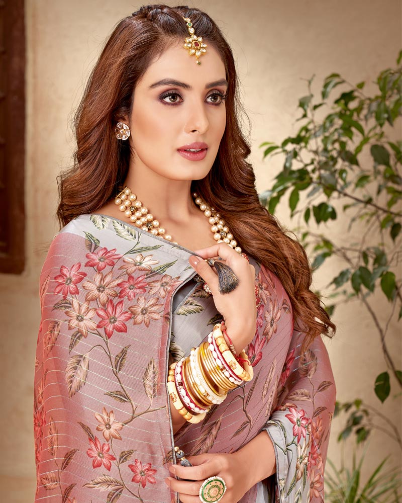 Vishal Prints Brownish Pink Printed Chiffon Saree