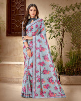 Vishal Prints Light Grey Printed Georgette Saree With Fancy Border