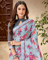 Vishal Prints Light Grey Printed Georgette Saree With Fancy Border