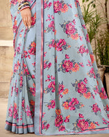 Vishal Prints Light Grey Printed Georgette Saree With Fancy Border