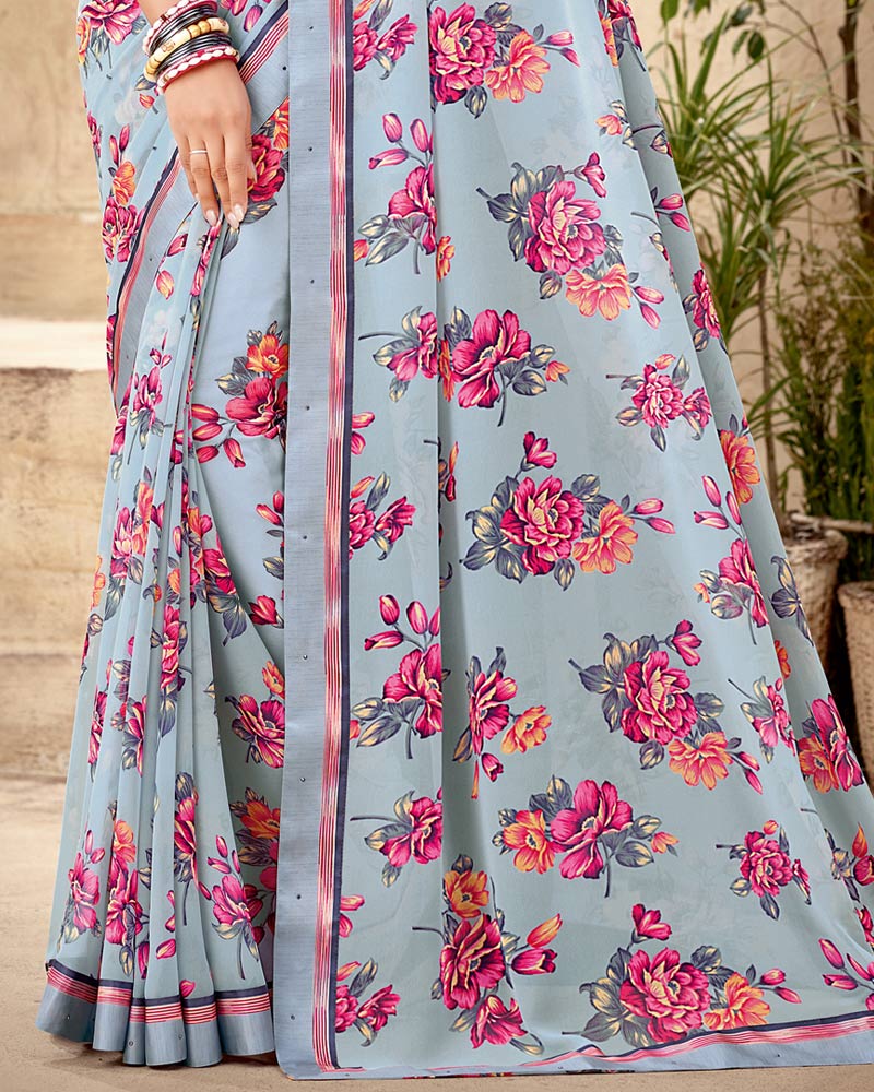 Vishal Prints Light Grey Printed Georgette Saree With Fancy Border