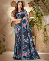 Vishal Prints Dark Grey And Blue Printed Georgette Saree With Fancy Border
