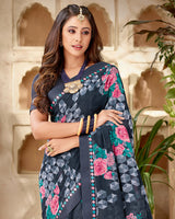 Vishal Prints Dark Grey And Blue Printed Georgette Saree With Fancy Border