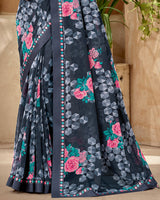 Vishal Prints Dark Grey And Blue Printed Georgette Saree With Fancy Border