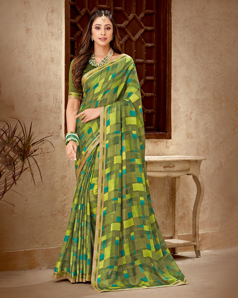 Vishal Prints Dark Olive Green Printed Chiffon Saree With Fancy Border