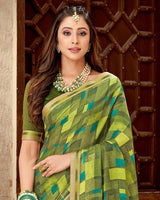 Vishal Prints Dark Olive Green Printed Chiffon Saree With Fancy Border