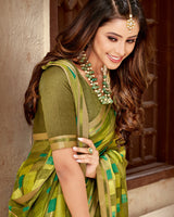 Vishal Prints Dark Olive Green Printed Chiffon Saree With Fancy Border