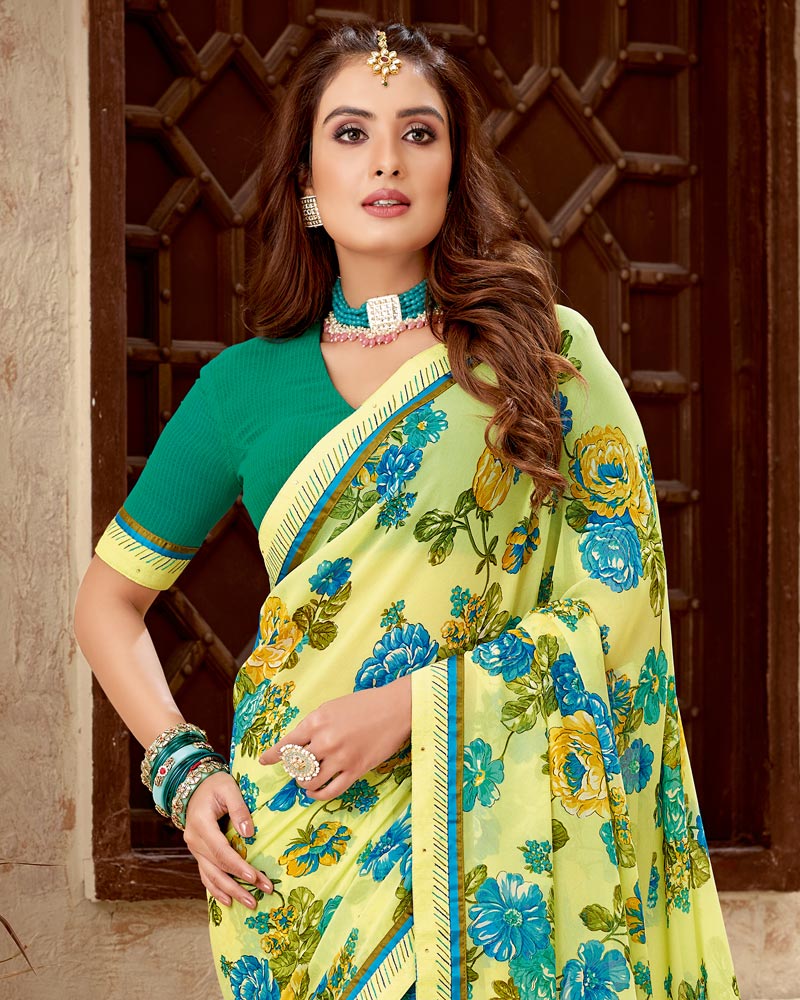 Vishal Prints Olive Yellow Printed Georgette Saree With Fancy Border