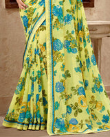 Vishal Prints Olive Yellow Printed Georgette Saree With Fancy Border