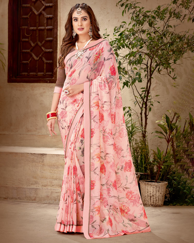Vishal Prints Rose Pink Printed Georgette Saree With Fancy Border