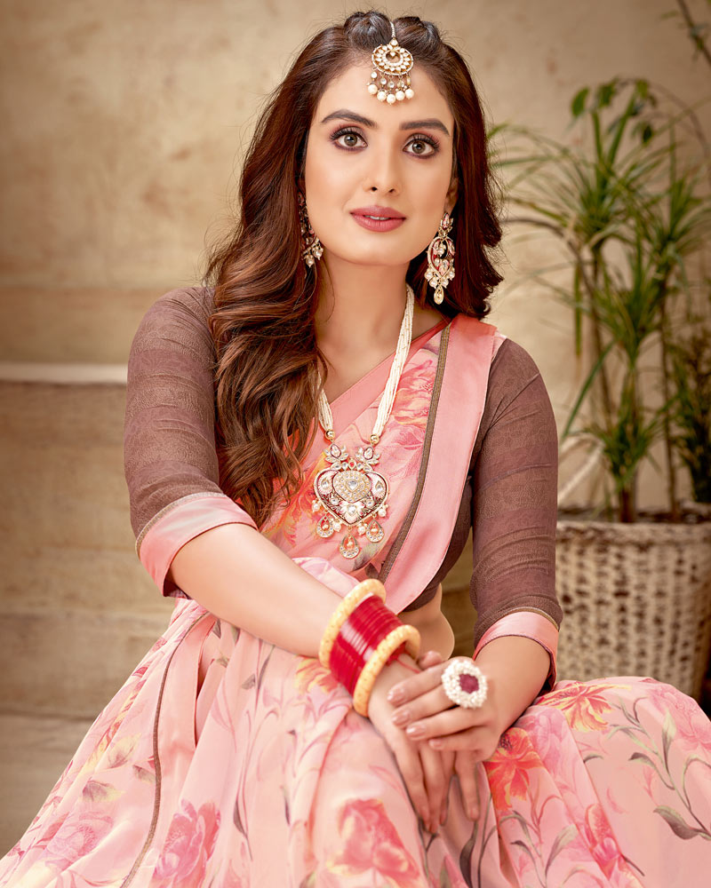 Vishal Prints Rose Pink Printed Georgette Saree With Fancy Border