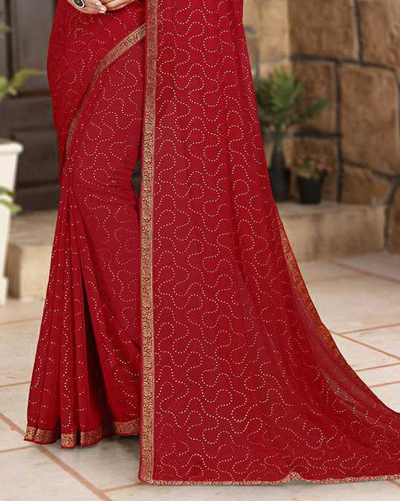 Vishal Prints Cherry Red Georgette Saree With Foil Print And Zari Border