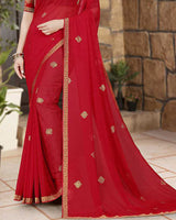 Vishal Prints Cherry Red Georgette Saree With Foil Print And Zari Border