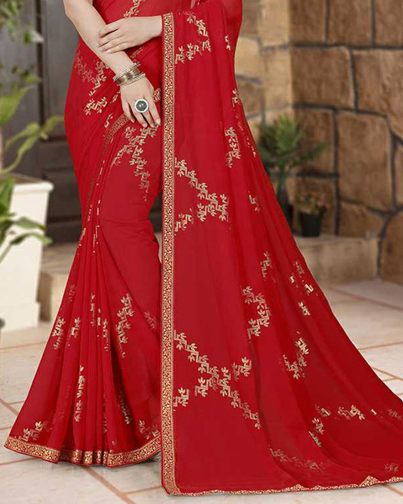 Vishal Prints Cherry Red Georgette Saree With Foil Print And Zari Border