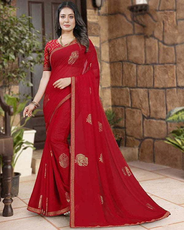 Vishal Prints Cherry Red Georgette Saree With Foil Print And Zari Border