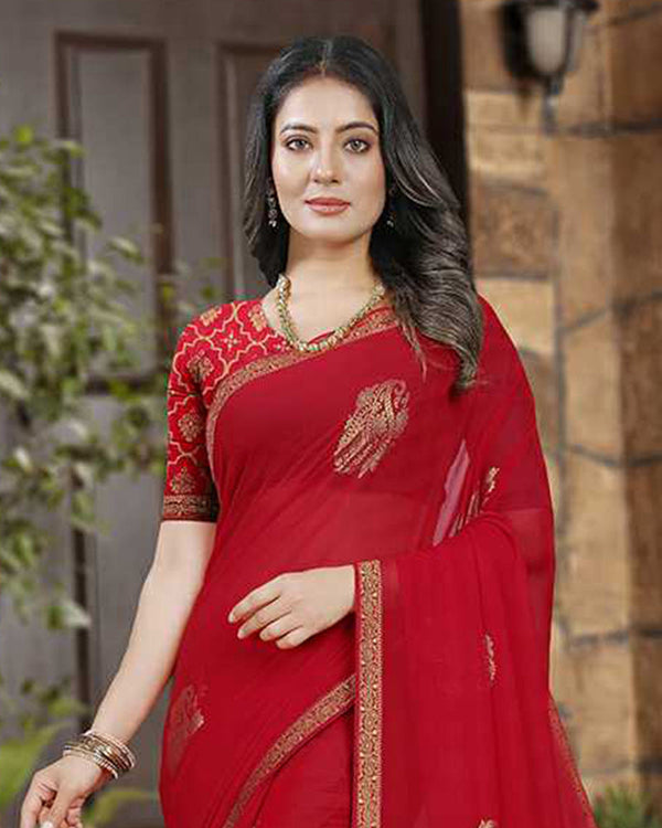 Vishal Prints Cherry Red Georgette Saree With Foil Print And Zari Border