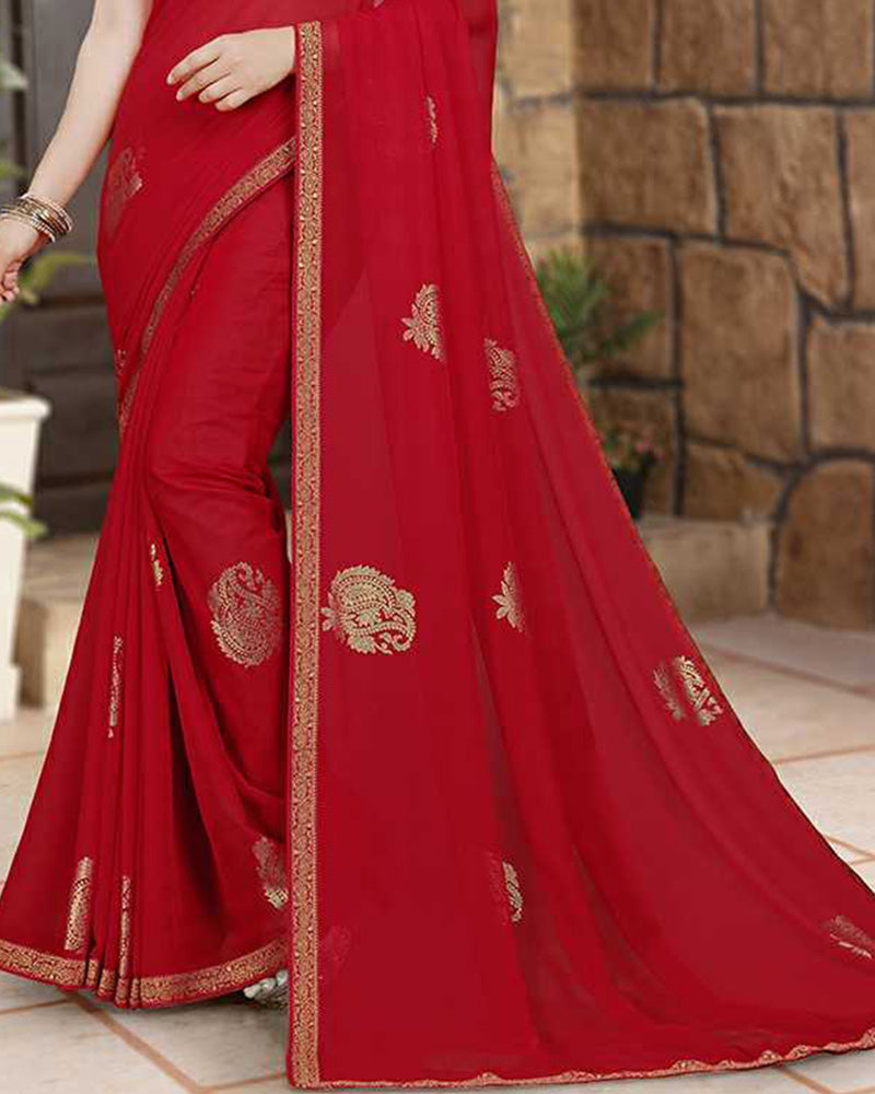 Vishal Prints Cherry Red Georgette Saree With Foil Print And Zari Border