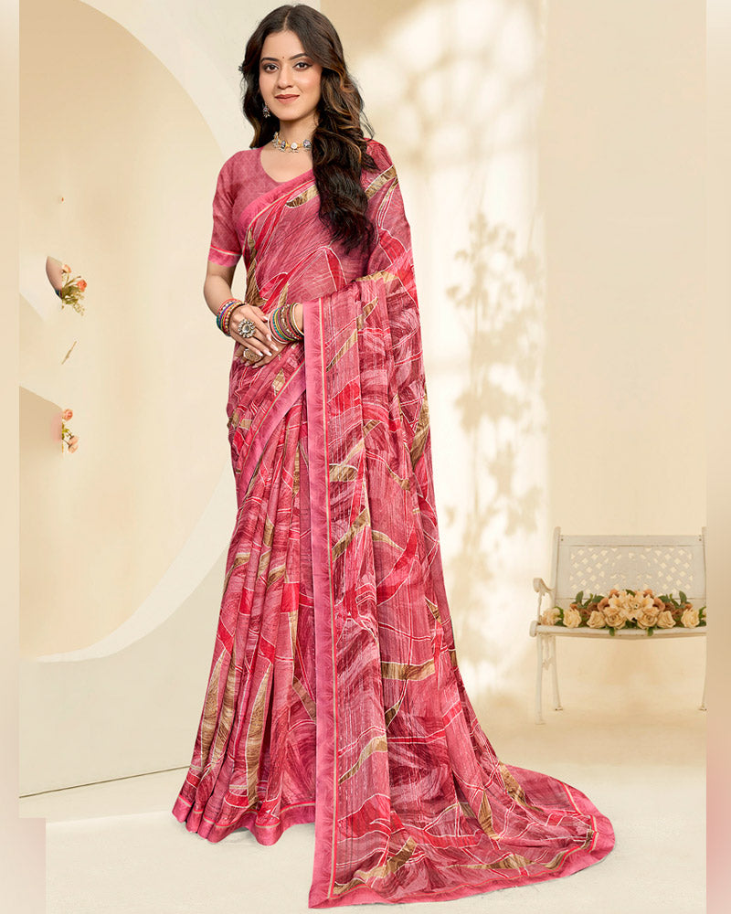 Vishal Prints Dusty Pastel Pink Printed Chiffon Saree With Fancy Border