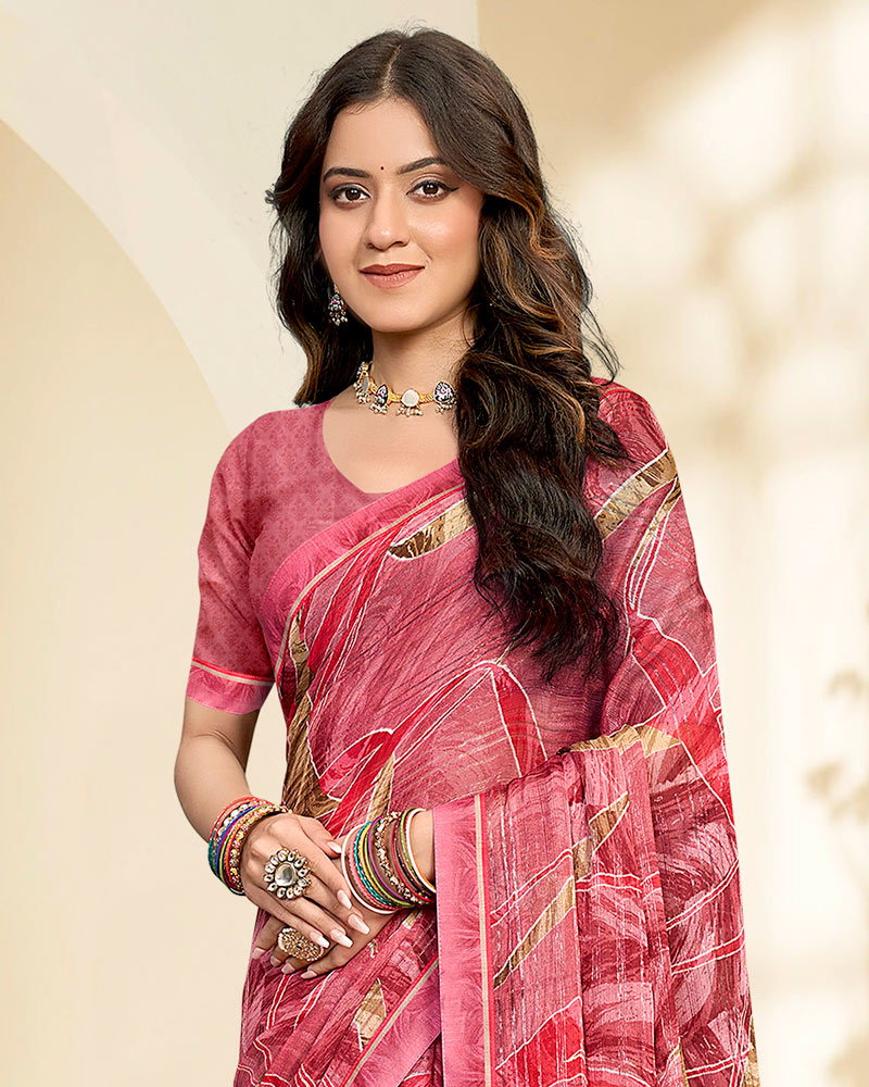 Vishal Prints Dusty Pastel Pink Printed Chiffon Saree With Fancy Border