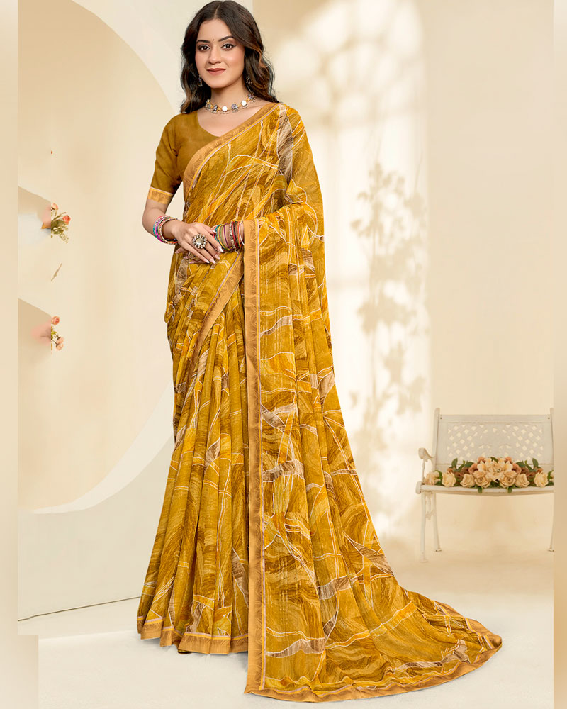 Vishal Prints Ochre Printed Chiffon Saree With Fancy Border