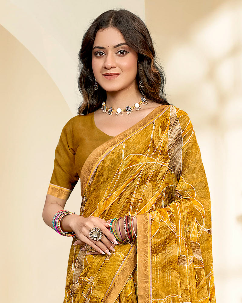 Vishal Prints Ochre Printed Chiffon Saree With Fancy Border