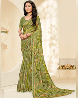 Vishal Prints Light Olive Green Printed Chiffon Saree With Fancy Border