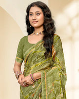 Vishal Prints Light Olive Green Printed Chiffon Saree With Fancy Border