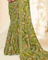 Vishal Prints Light Olive Green Printed Chiffon Saree With Fancy Border