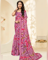 Vishal Prints Dull Pink Printed Chiffon Saree With Fancy Border