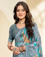 Vishal Prints Regent Grey Printed Chiffon Saree With Fancy Border
