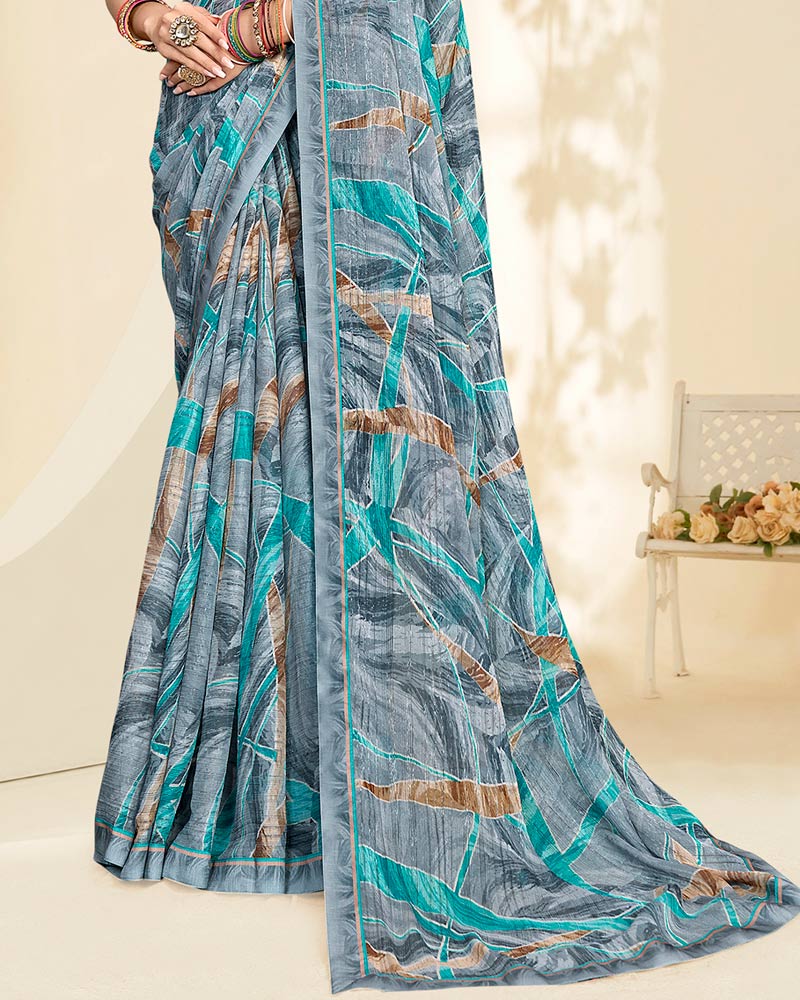 Vishal Prints Regent Grey Printed Chiffon Saree With Fancy Border