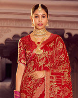 Vishal Prints Dark Red Designer Moss Viscose Saree With Zari-Embroidery-Diamond Work And Cut Work Border