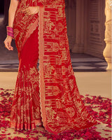 Vishal Prints Dark Red Designer Moss Viscose Saree With Zari-Embroidery-Diamond Work And Cut Work Border