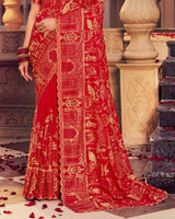 Vishal Prints Dark Red Designer Moss Viscose Saree With Zari-Embroidery-Diamond Work And Cut Work Border