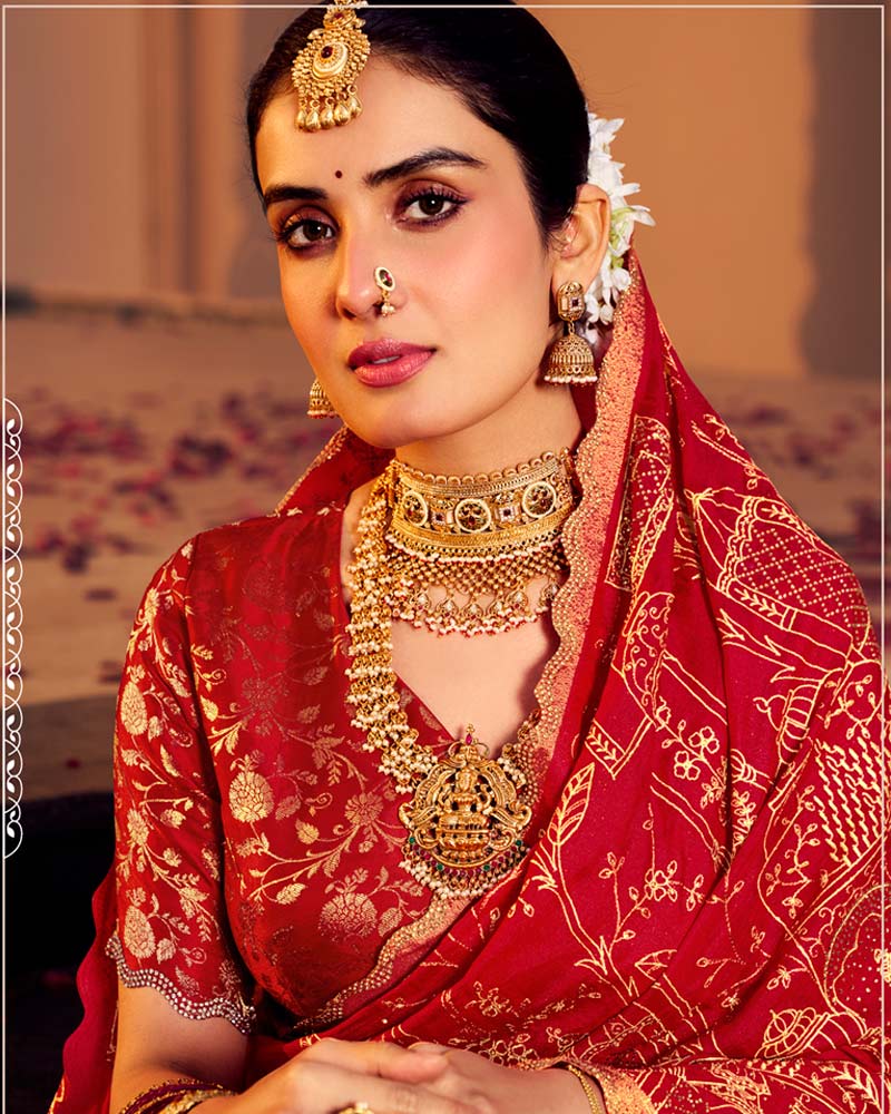 Vishal Prints Dark Red Designer Moss Viscose Saree With Zari-Embroidery-Diamond Work And Cut Work Border