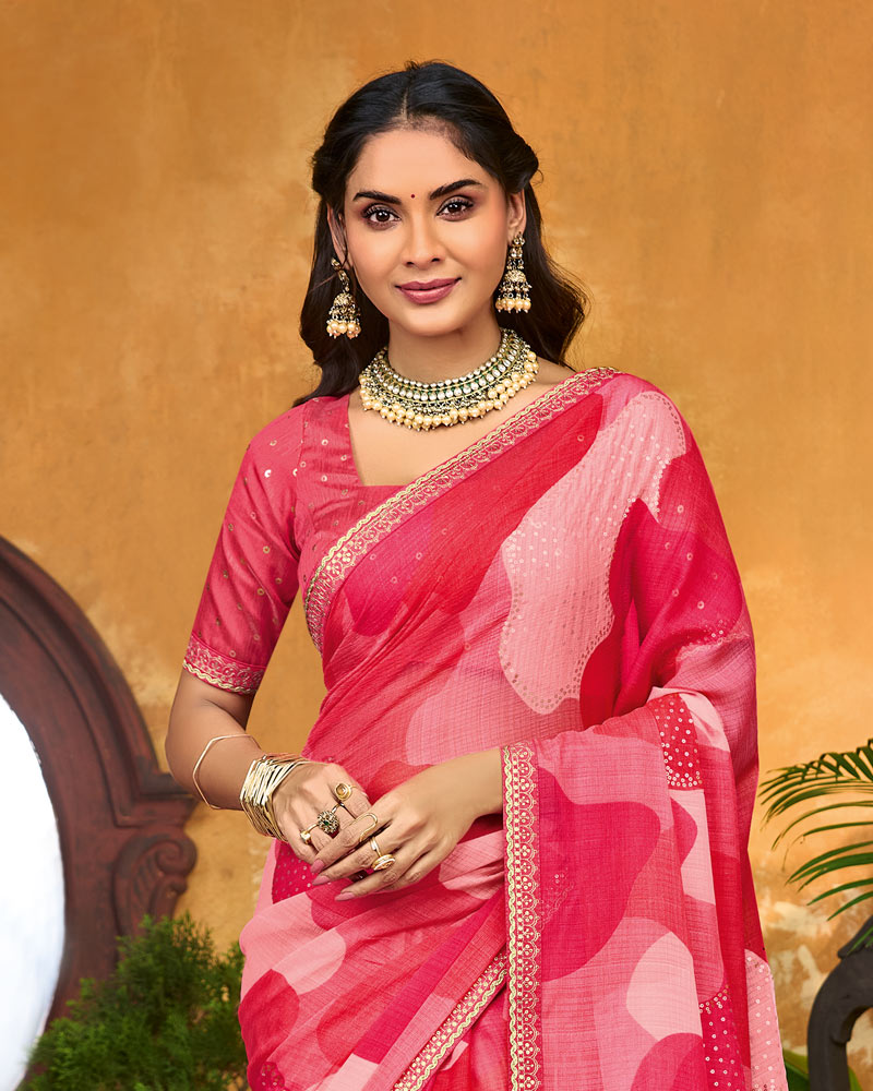 Vishal Prints Berry Pink Printed Chiffon Saree With Foil Print And Fancy Border
