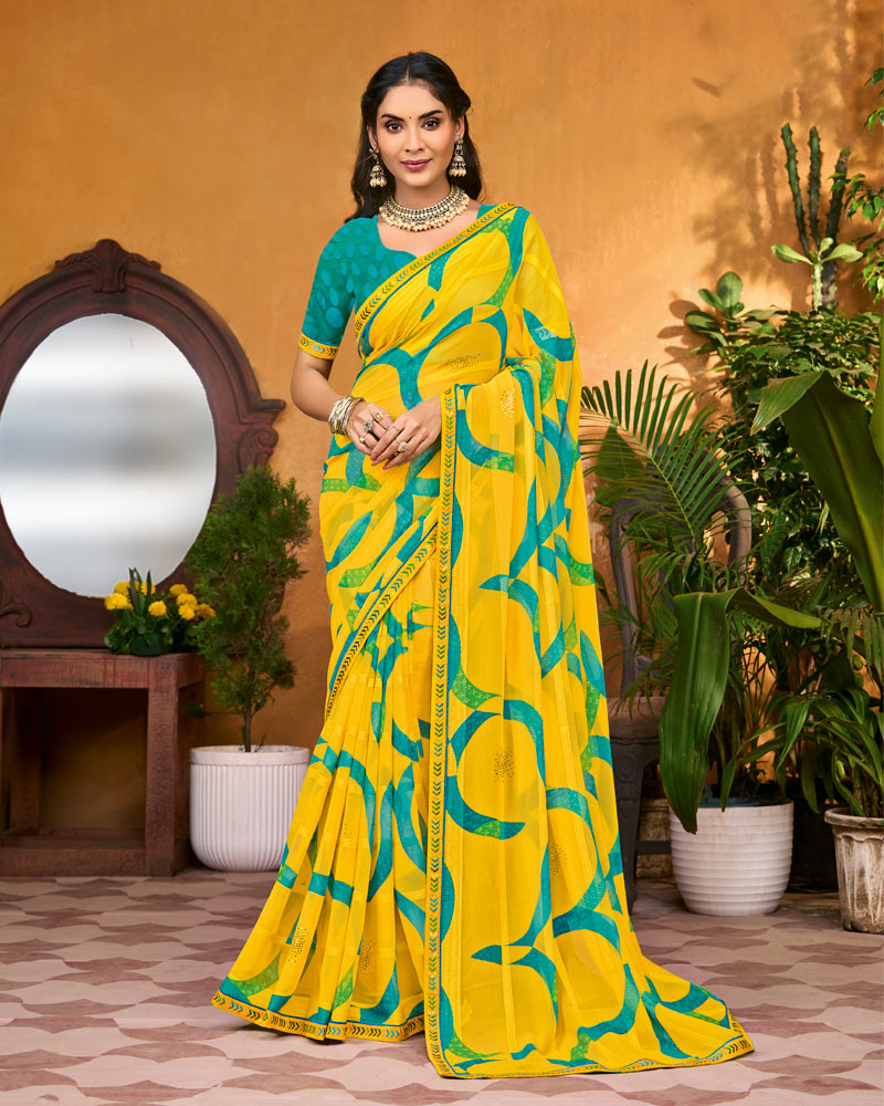 Vishal Prints Bright Yellow Printed Patterned Georgette Saree With Diamond Work And Fancy Border