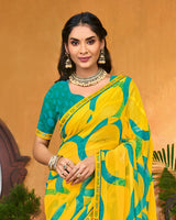 Vishal Prints Bright Yellow Printed Patterned Georgette Saree With Diamond Work And Fancy Border