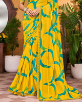Vishal Prints Bright Yellow Printed Patterned Georgette Saree With Diamond Work And Fancy Border