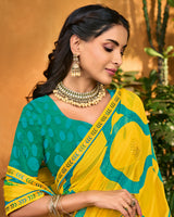 Vishal Prints Bright Yellow Printed Patterned Georgette Saree With Diamond Work And Fancy Border