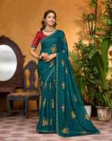 Vishal Prints Peacock Green Printed Patterned Chiffon Saree With Foil Print And Fancy Border
