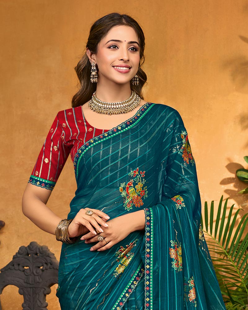 Vishal Prints Peacock Green Printed Patterned Chiffon Saree With Foil Print And Fancy Border