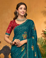 Vishal Prints Peacock Green Printed Patterned Chiffon Saree With Foil Print And Fancy Border