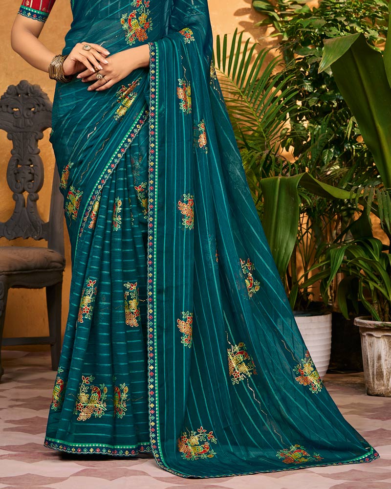 Vishal Prints Peacock Green Printed Patterned Chiffon Saree With Foil Print And Fancy Border
