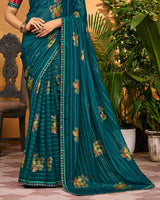 Vishal Prints Peacock Green Printed Patterned Chiffon Saree With Foil Print And Fancy Border