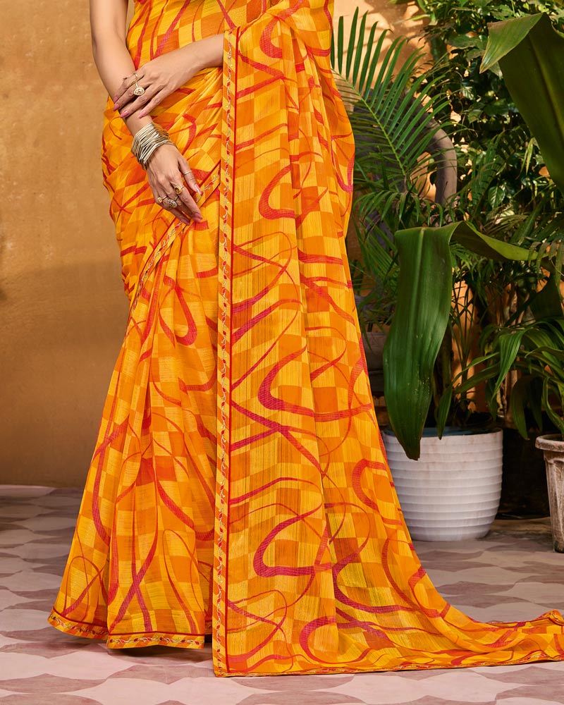 Vishal Prints Carrot Orange Printed Chiffon Saree With Fancy Border