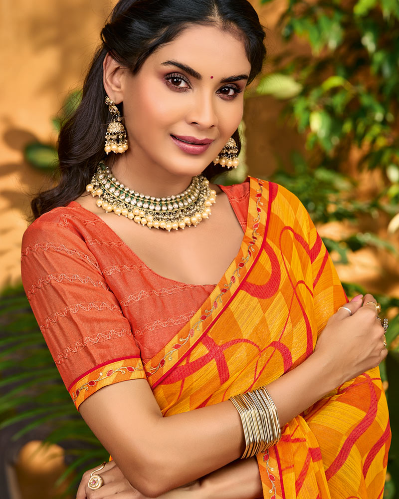 Vishal Prints Carrot Orange Printed Chiffon Saree With Fancy Border