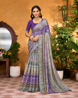 Vishal Prints Purple And Grey Printed Fancy Chiffon Saree With Fancy Border