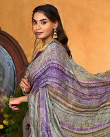 Vishal Prints Purple And Grey Printed Fancy Chiffon Saree With Fancy Border