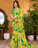 Vishal Prints Lime Green Printed Patterned Chiffon Saree With Diamond Work And Fancy Border